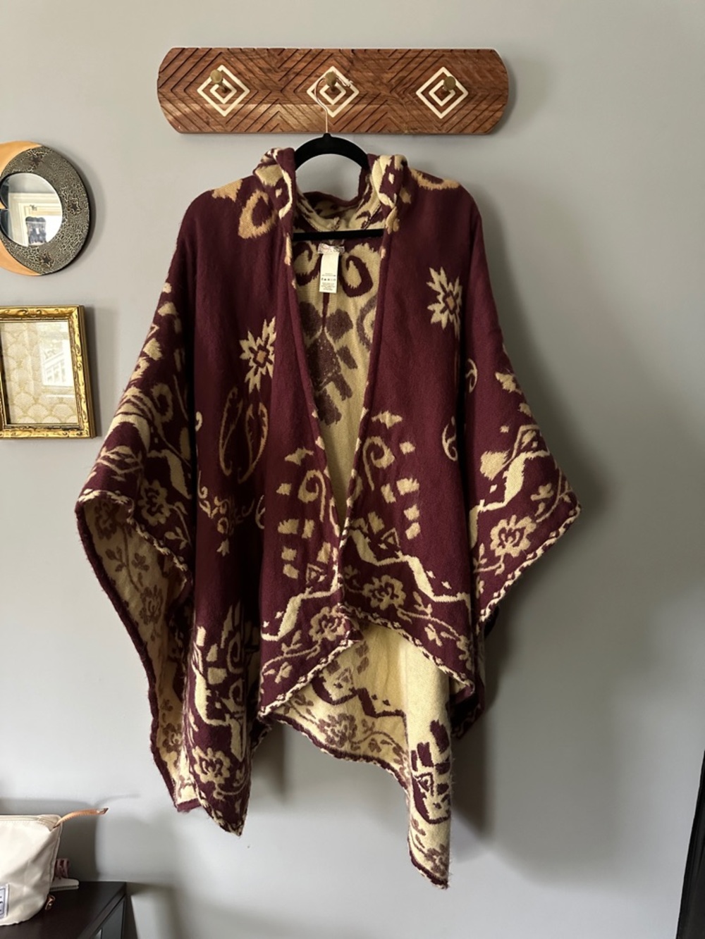 Free People Burgundy and Cream Patterned Poncho Cape